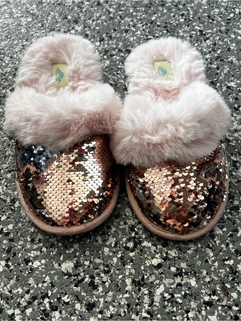 Thereabouts Girls Pink Rose Gold Flip Sequin Slippers Faux Fur Slides Sz 3/4